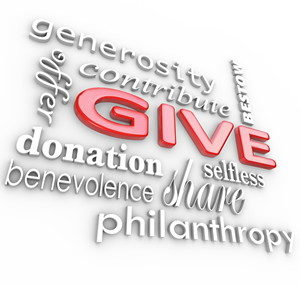 Many 3D words on a white background with a big word Give in red letters surrounded by related terms such as donation, benevolence, offer, share, generosity, contribution, philanthropy and selfless